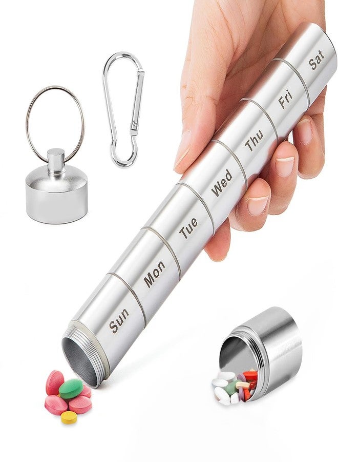GLUN® Aluminium Weekly Pill Rod, Keychain 7 Compartments Pill Case, Waterproof Weekly Medicine Organizer with Keychain & Carabiner for Outdoor, Travel, & Camping - Image 1
